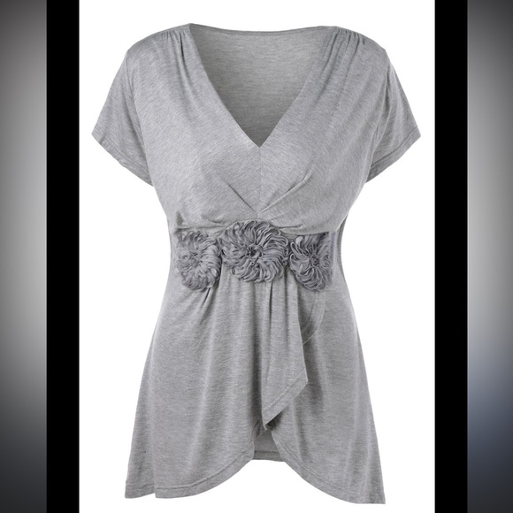 SMYS Tops - Gray Knit V Neck Short Sleeve Empire Waist Rosette Detail Top